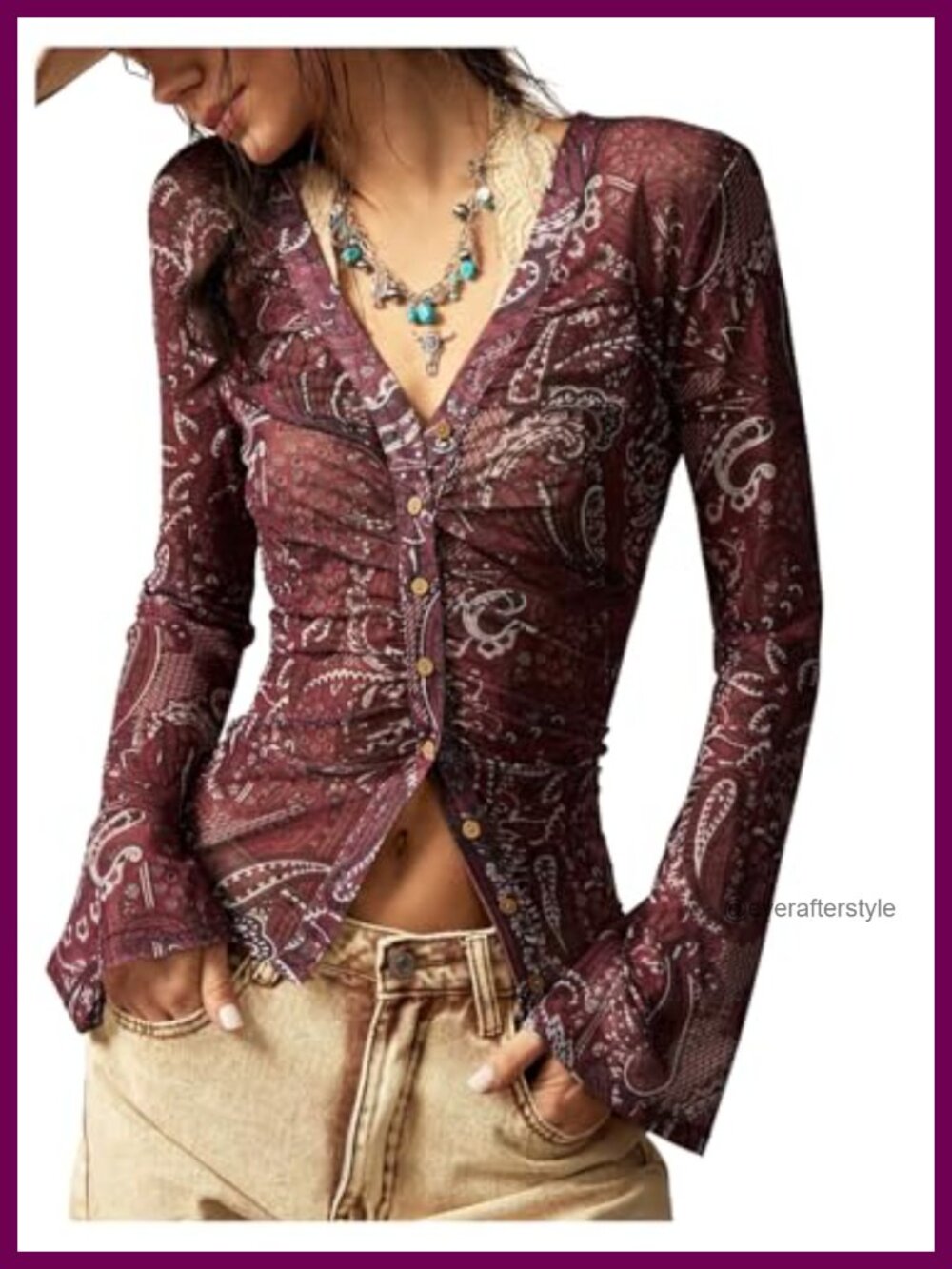 Boho Paisley Button Down Shirt Ruched V-Neck Long Sleeve Going Out Top